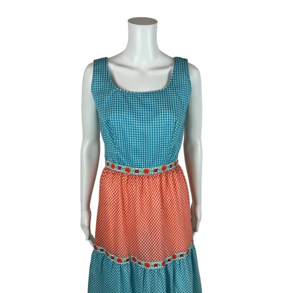 Vintage 60s Checkered Dress Women's XS Floral Trim Tiered Skirt Gingham Picnic - Picture 3 of 9
